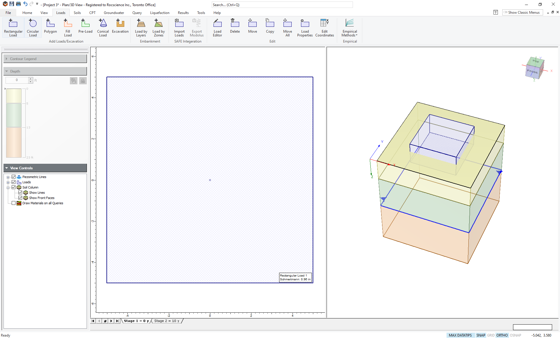 2D and 3D View of Model - Calculated settlement displayed at the bottom right corner of the load